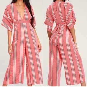 Lulus Gone Coastal Red and White striped deep V-neck, wide leg jumpsuit, Medium